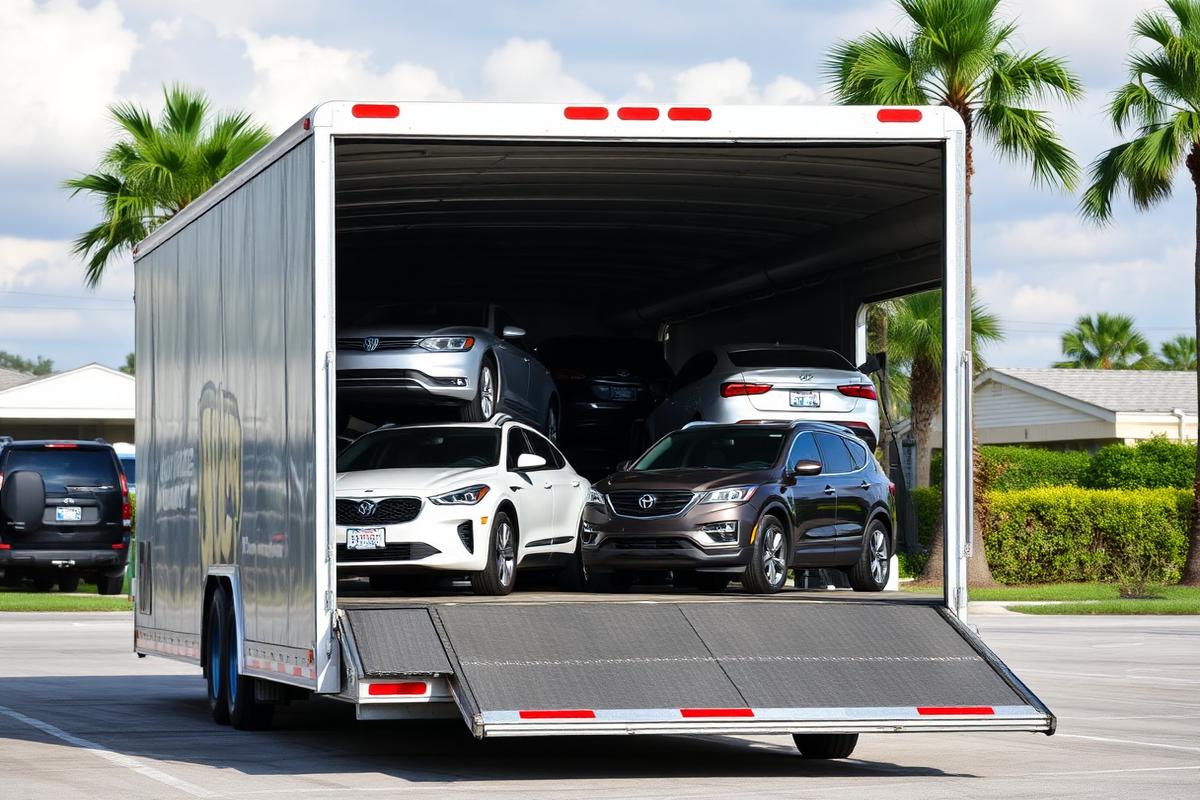 Open car hauler loaded with sedans and SUVs in a South Florida parking lot